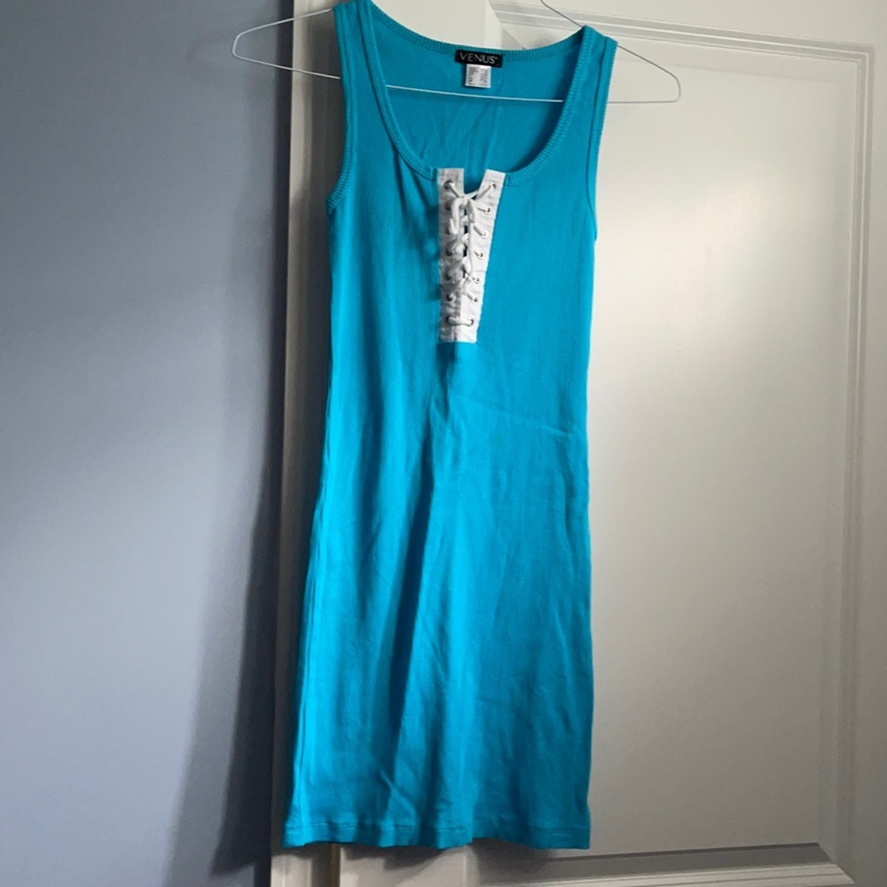 NWOT Venus sleeveless turquoise tank dress with lace up front size XS